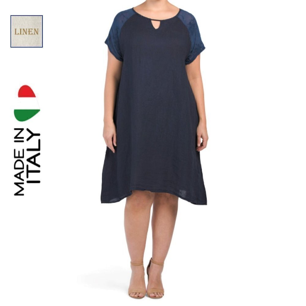 NWT Martina Innocenti Women's Plus Linen Embroidered Sleeve Midi Dress